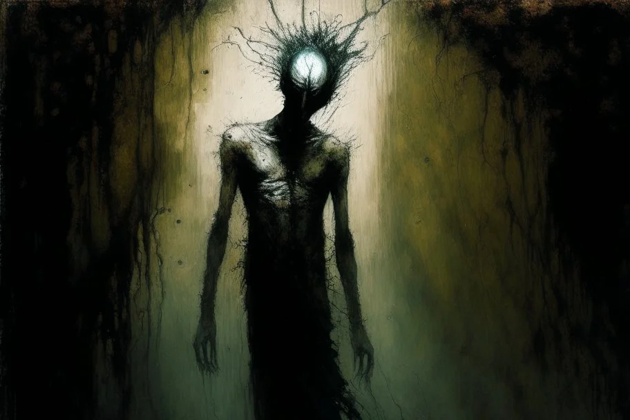 painting of a male figure emerges from the darkness, the abyss, escapes the darkness, the underworld, the past, exits the matrix and stands on the light side. inspired by Santiago Caruso, eric lacombe, anton semenov, dramatic artwork, sandman, by Zoran Mušič, bekskinski, inspired by Remedios Varo, by Santiago Caruso, dark surreal art, surreal drawing, by Jan Sawka