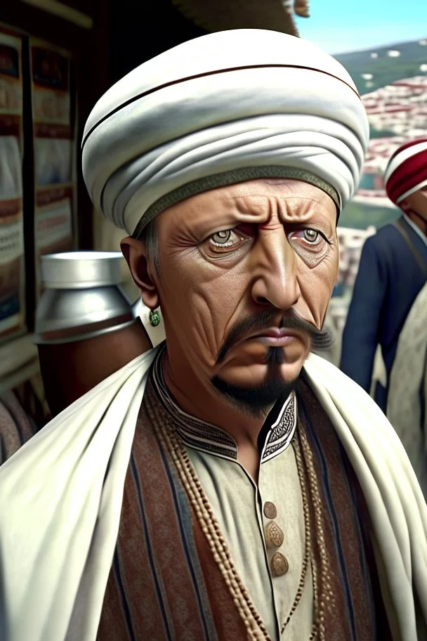 Rajab Tayyip Erdogan he is Turkish milk seller and runabout He wears a turban and a poor costume He wears a turban and a poor costume in 1900 Ultra-wide angle Highly realistic precise details Detailed panoramic view Detailed distance Professional Quality 4K