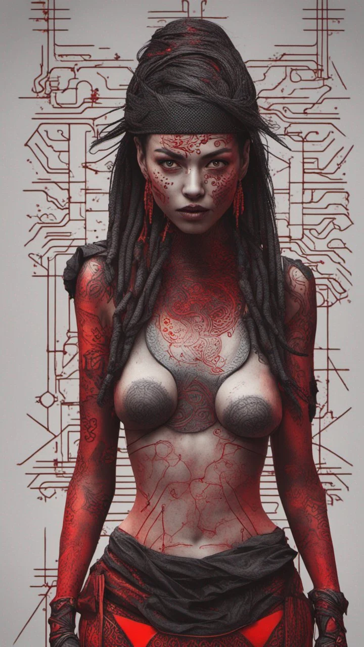 cyberpunk woman character in style of Warli painting red to black, darkmood, surreal, bizarre, high textures, hyper sharp, 8k resolution, artistic, real life, lifelike, hyper realistic, super detailed, realistic