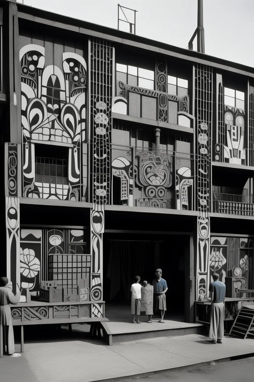 A gray steelwork factory designed in Javanese shadow puppets painted by Stuart Davis