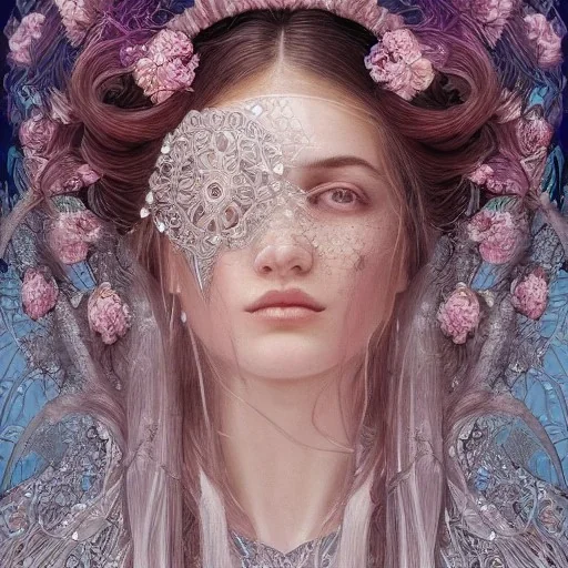 portrait,"Insanely detailed photograph of a beautiful nordic vestal priestess,gorgeous clean face, highly intricate dress,intricately designed colorful flowers in hair,elegant, highly detailed hair, digital painting, artstation, concept art, smooth, sharp focus, illustration, art by artgerm and greg rutkowski and alphonse mucha, 8 k,looking downward,album cover art,fantasy