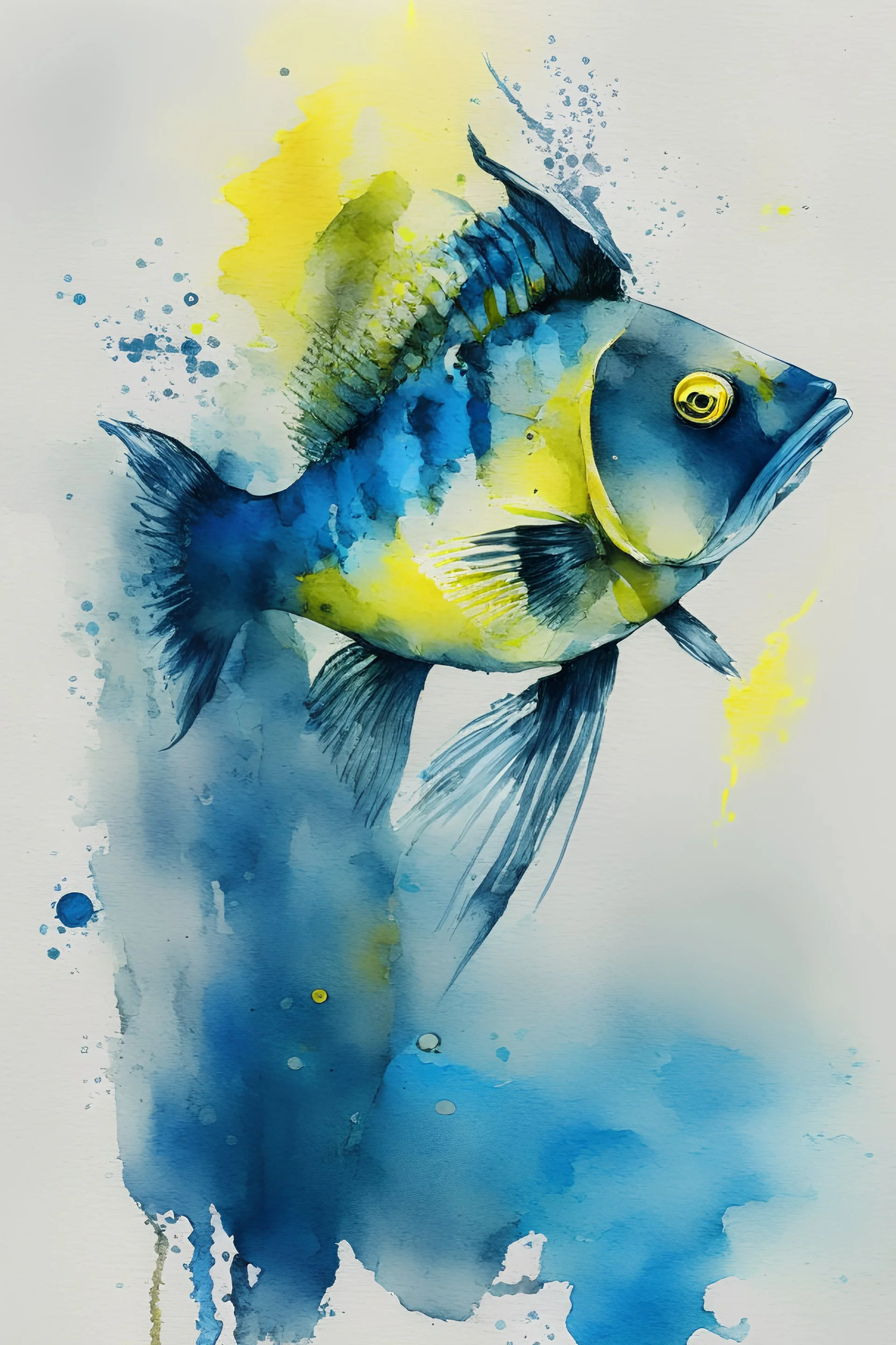 Watercolor yelow with black stripr fishs in blue sea, perfect