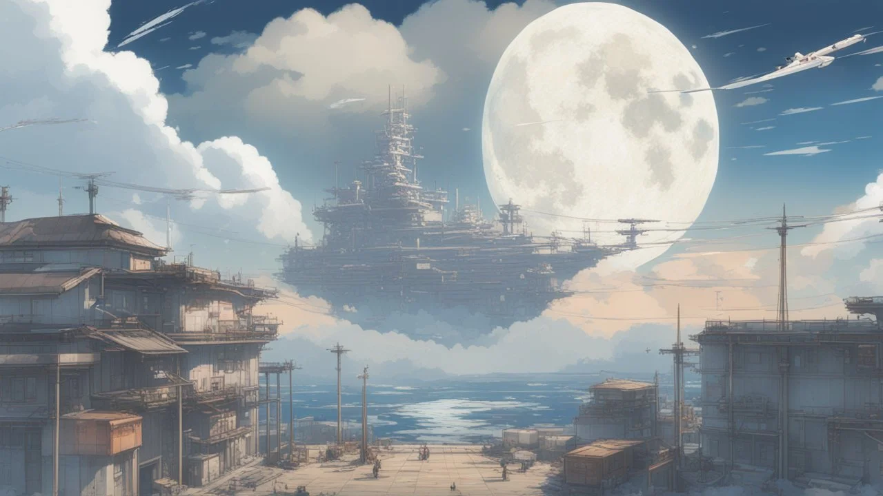 giant half transparent moon, glitchy, blurry, mechanical, sci-fi, maximum quality, centered on frame, far view, seasidel, white sky with cumulonimbus, anime, makoto shinkai style, japanese harbor, rusty, decrepit, foggy