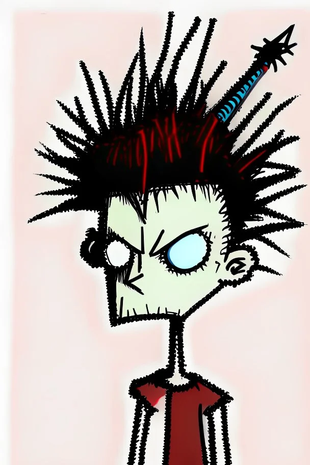 2d drawing of a stickman, cool with punk hair, x eyes like in hangman, slightly looking over shoulder, 3d realistic in colour