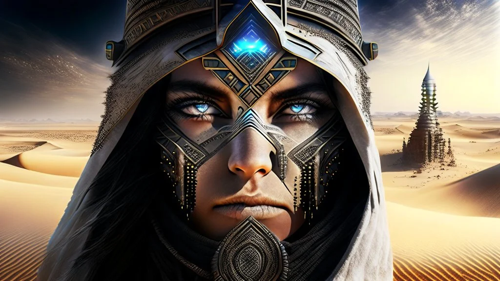 White desert sands with black tower painterly fantasy art matrix style cyborg portrait detailed symmetrical realistic eyes steampunk cyborg cyborg intricate detailed to scale hyperrealistic dark lighting digital concept art