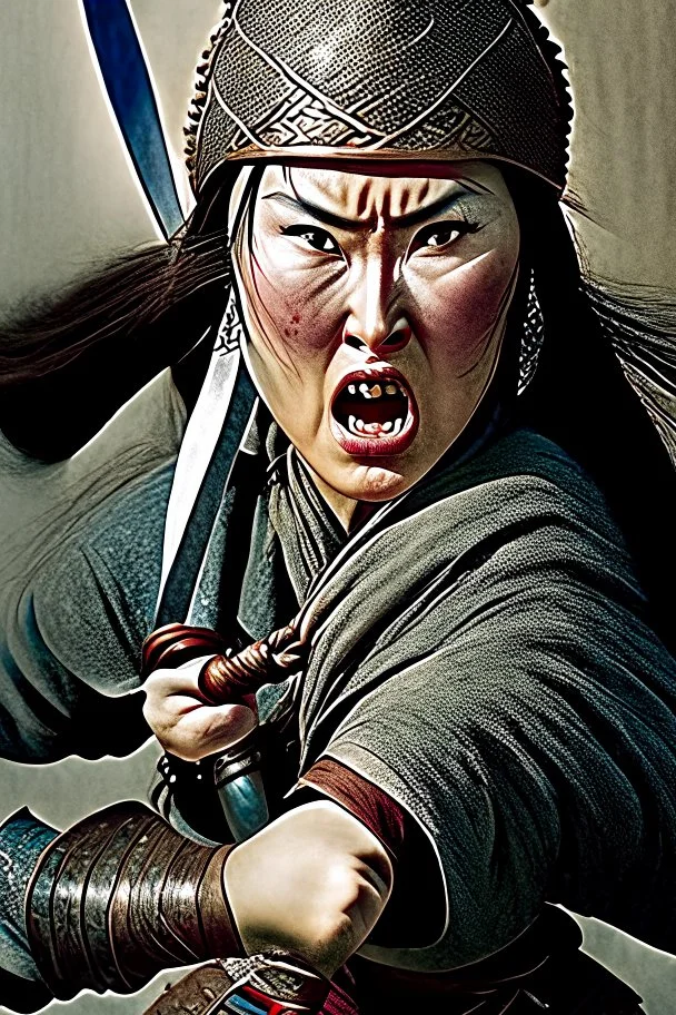 style comdey character : A woman, believing herself a fearsome warrior, dramatically confronts the She holds her sword upside down A Mongol casually pushes her over and steals her dictionary, Woman stands defiantly, sword held backwards, Ertugrul music blasting in the background. Mongols look confused Close-up of the woman naked confident face shouting her challenge. Mongol soldier pushes her with a bored It was a beautiful woman for the soldiers. All the soldiers Crowded marry naked her.