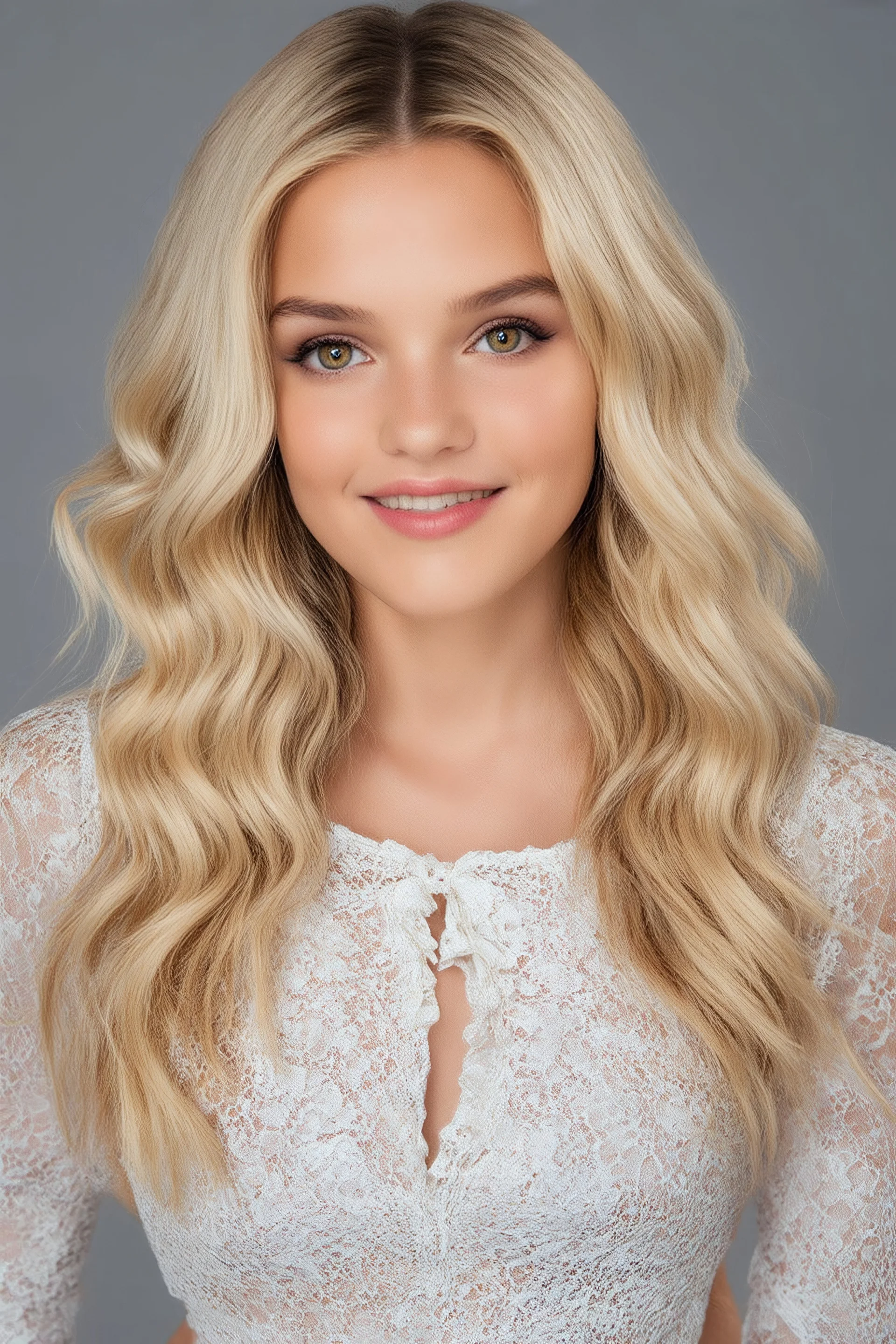 Bonita Bluebonnett, 14-year-old American actress, photorealistic 4K, cinematic lighting, heart-shaped face, porcelain fair skin with warm undertones, high cheekbones, soft peach blush, large almond hazel eyes flecked with green and amber, long curled lashes, soft arched brows, straight narrow nose with rounded tip, full lips with defined cupid’s bow, long, bleach-blonde hair with bangs mid-back length, voluminous waves, deep side part, slender hourglass frame