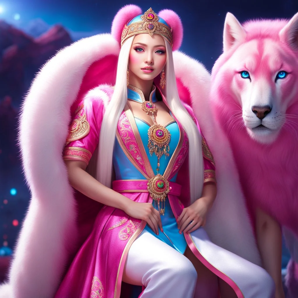 (masterpiece, best quality, 8k, RAW photo, beautiful and aesthetic:1.2), complex detail, Indirect light, photorealistic, (((full body))), 2 Gorgeous Cosmic russian asian goddess smiling, long curved blonde hair, blue eyes, Mixed, sci-fi and traditional russian outfit with pink velvet and white furs and chapka, a colorfull Sci-Fi environment