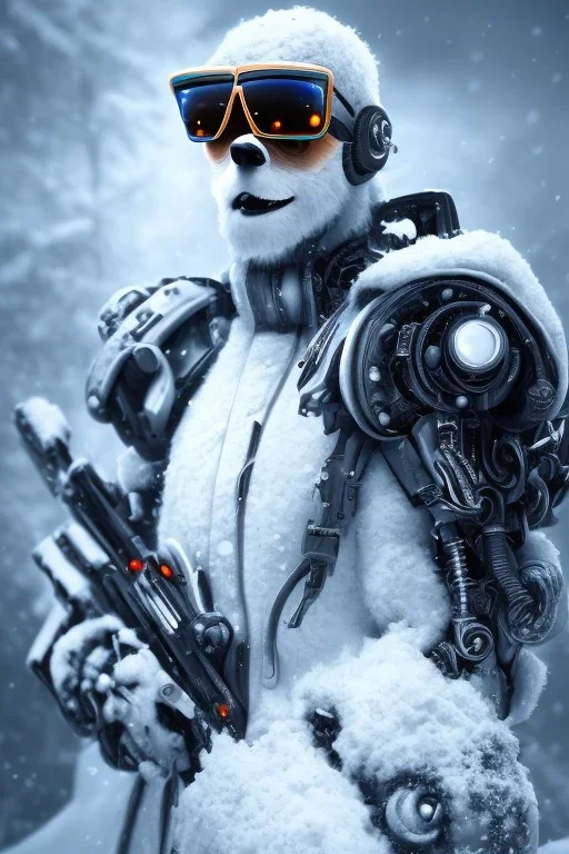 Snow man like a cyborg,with sunglasses,with gun,portrait,detail,textures,cinematic