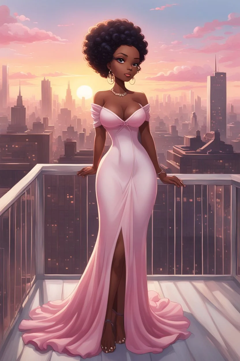 The scene opens onto a serene balcony overlooking a bustling city skyline. The sky above is painted in soft hues of pink and gray as the sun begins its descent, casting a warm glow over everything it touches. In the foreground stands a captivating figure, airbrush chibi cartoon curvy black woman exuding confidence and elegance. She is adorned in a flowing white knit maxi dress that hugs her curves in all the right places, accentuating her silhouette. Her choice of footwear is equally stunning