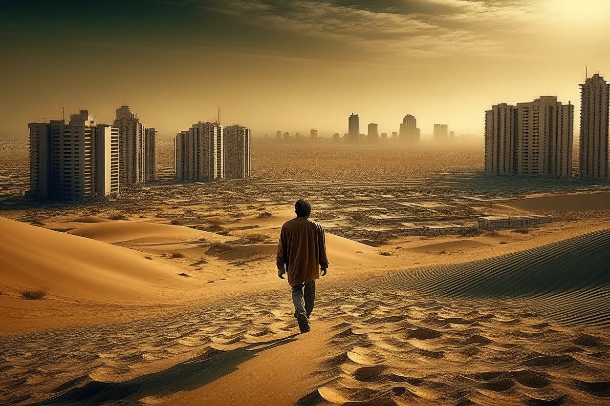 A man walks, leaving the city behind, entering a patch of arid land, warm color, real photography, current events, 16K