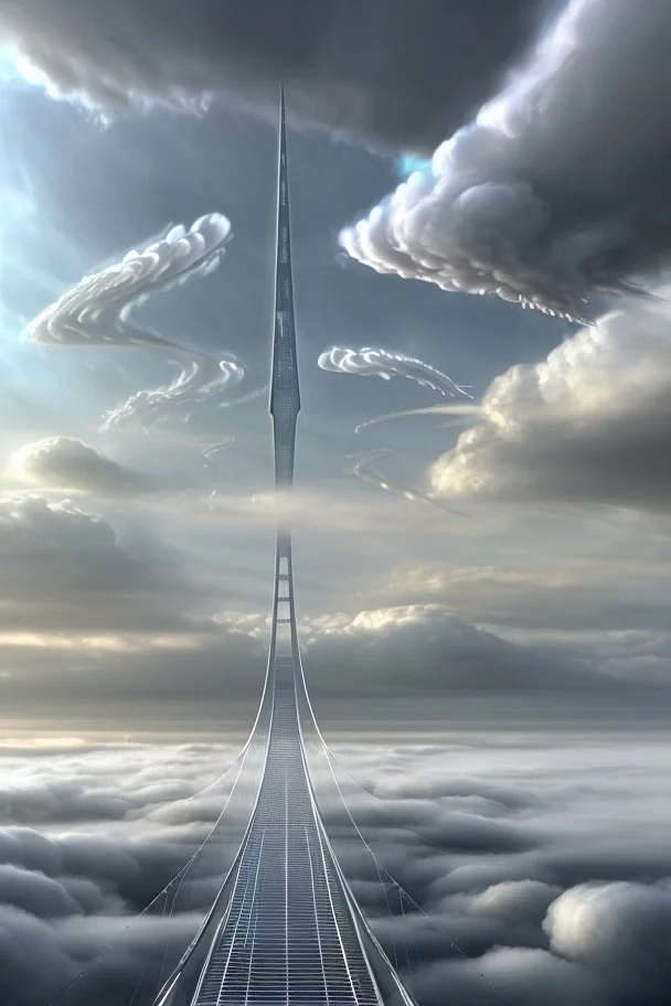 an idea is created of a bridge which has white clouds, in the style of futuristic digital art, grid formations, hall of mirrors, black and gray, photorealistic fantasies, multilayered dimensions, frontal perspective