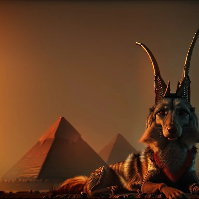 A portrait post-apocalypse of Jackal Egyptian God Anubis ,in a sin city pyramid, sci-fi fantasy style, volumetric lighting, particales,highly detailed,cinamatic,8k,3D,fire and black deep colours,ignore NSFW.