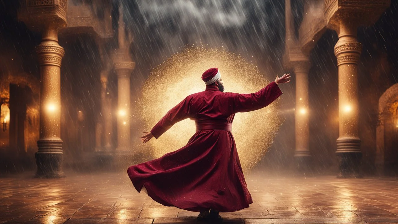 Hyper Realistic photographic-view of a Sufi Whirling with Golden & Maroon Islamic Sufi Rustic Grungy Background with thunderstorm at heavy rainy night outside an ancient Islamic architectural building with golden-sparkles-whirling showing dramatic & cinematic ambiance.