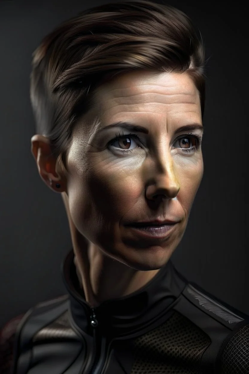 She has a lean, athletic build, a testament to her years of cycling. Her short-cropped hair, worn for aerodynamics during races, gives her a distinctive and androgynous look. upper body portrait, photo-realistic, shot on Hasselblad h6d-400c, zeiss prime lens,