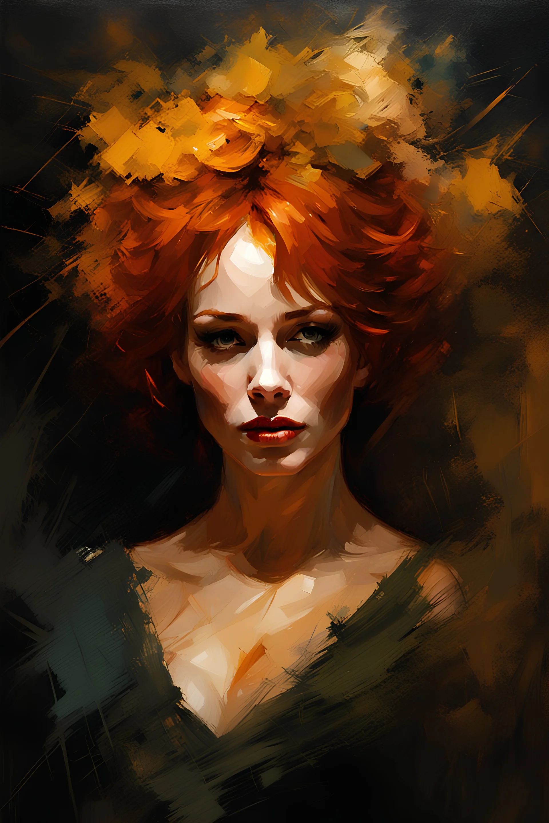 christina hendricks as saffron at a dance in a barn :: dark mysterious esoteric atmosphere :: digital matt painting with rough paint strokes by Jeremy Mann + Carne Griffiths + Leonid Afremov, black canvas