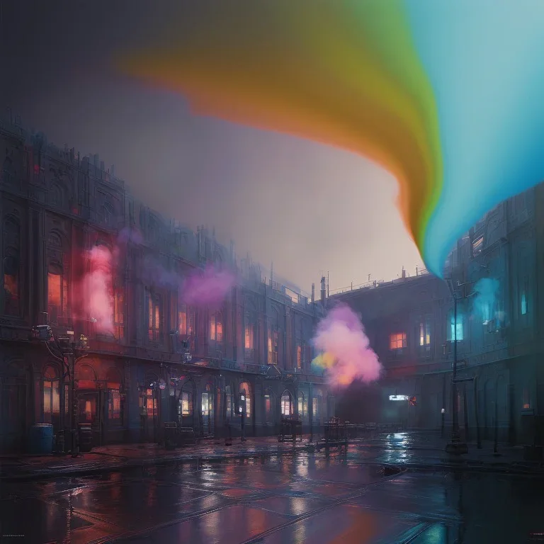 factory of colors. smoke rises from multi-colored glassware. color swatches in the background. hyperdetailed, warm colors, detailed painting, photorelistic, oil on canvas, light dust, futuristic. volumetric lighting