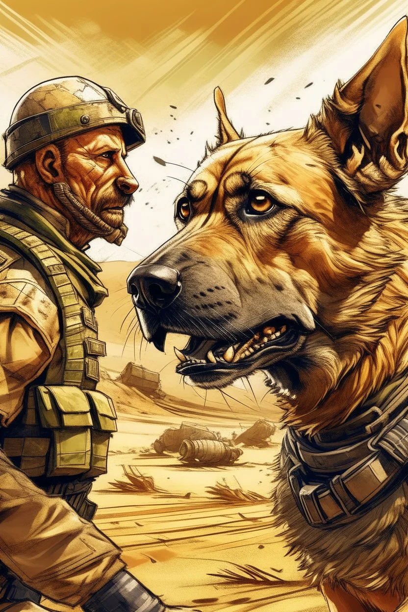 A soldier dog dressed in military combat uniform fighting another soldier dog in the hot desert landscape, digital illustration portrait, dog's face is snarling, aggressive, angry, Craig Miller , futuristic, pulp fiction graphic novel style, hyperrealism, photorealism