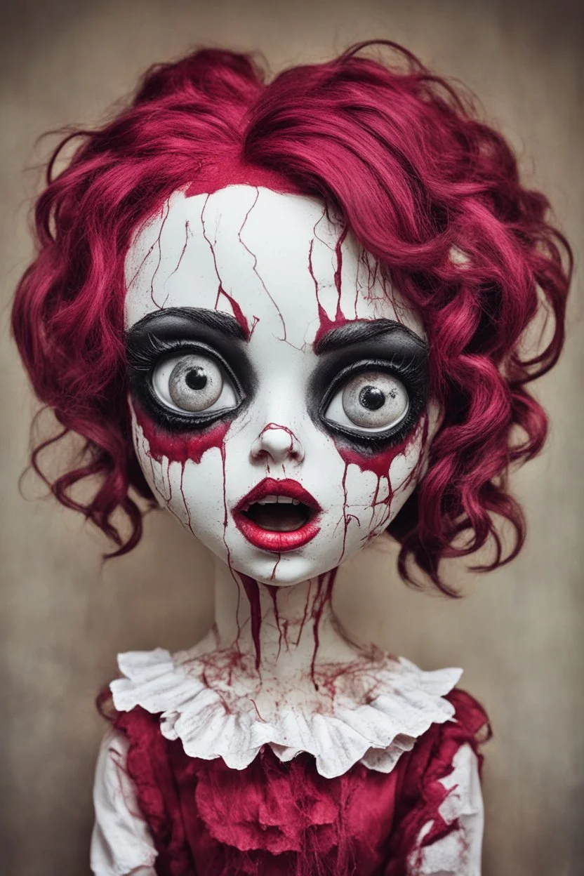 full color, illustration of a darkred, menacing, Singer Melanie Martinez face, as a decayed, broken, crude homemade cloth doll toy, with a narrow cracked porcelain face, thick dark eyebrows, hair in two gradually, made from ragged strips of cloth, in the style of Alex Pardee, Tim Burton, and Nadya Sheremet