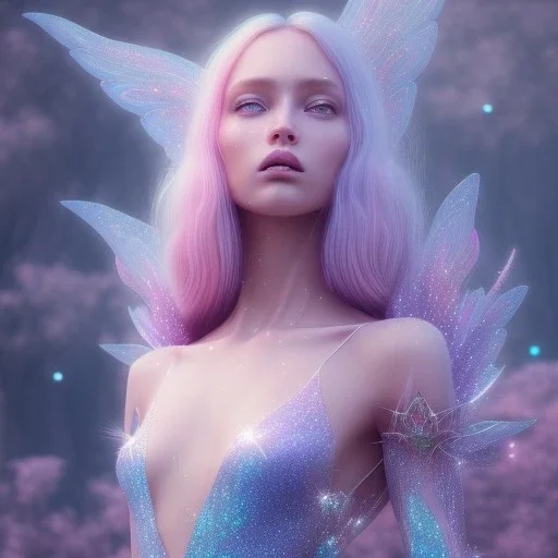 one big crystal glitter pink blue subtle galactic fairy in a galactic ambiance,glitter long blond hair down to the ground,transparent petals,blue eyes,delicate colors in the foreground, full of details, smooth，soft pink violet light atmosphere, light effect，vaporwave colorful, concept art, smooth, extremely sharp detail, finely tuned detail, ultra high definition, 8 k, unreal engine 5, ultra sharp focus