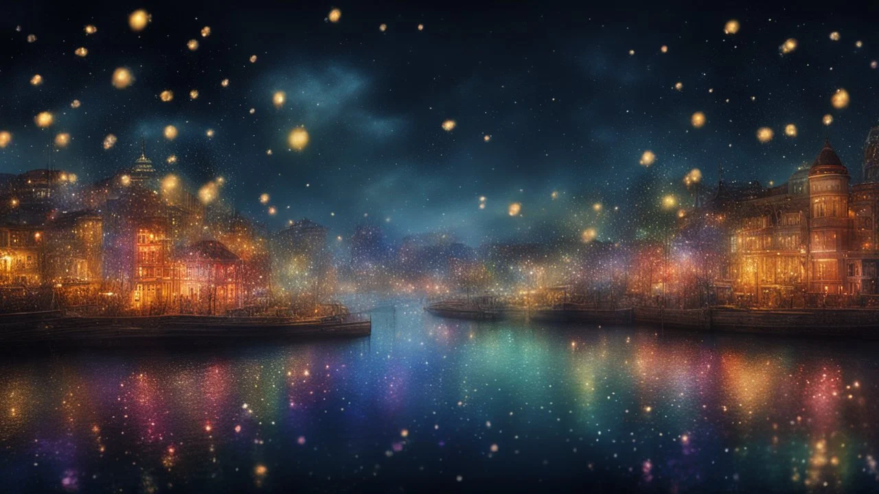 dream world, city harbour, fireflies, tiny multicoloured twinkling lights, calm beauty, fantasy world, magic, night, darkness, splendor, uplifting, inspiring, therapeutic, chiaroscuro, color, award-winning colour photograph, beautiful composition