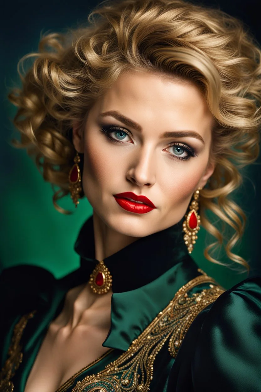 Hollywood photo Rembrandt perfect green eyes, bright red lips, blonde hair, front face, front look, full pose, fantastic face, Caucasian, beautiful look, detailed elegant gold and red dress, Victorian black formal dress, elegant hair up, indigo tones background, ultra focus, illuminated face, detailed face, 8k resolution, sharp focus, studio photo, intricate details, highly detailed