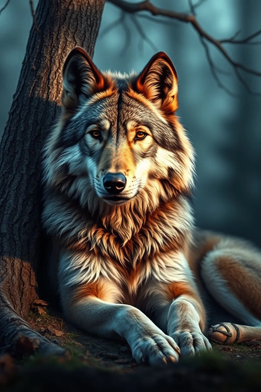 photorealistic, 4k, hyperdetailed large wolf laying next to a tree