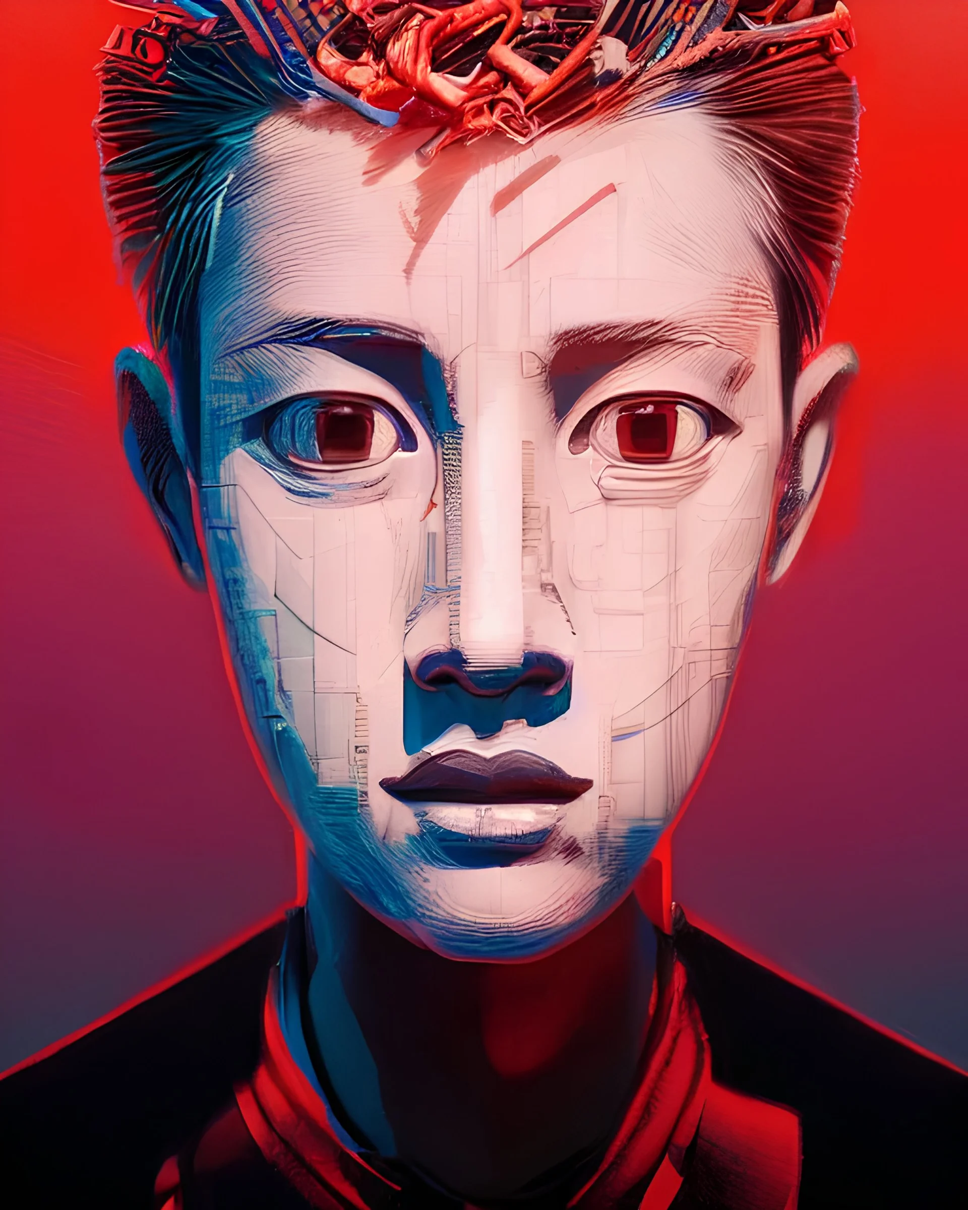 portrait of young boy as a cyborg. intricate abstract. intricate artwork. by tooth wu, wlop, beeple, dan mumford. mulholland drive by david lynch, dune by david lynch, blade runner 2049 by dennis villeneuve, patrick nagel, octane render, trending on artstation, greg rutkowski very coherent symmetrical artwork. cinematic, hyper realism, high detail, octane render, 8 k, iridescent accents