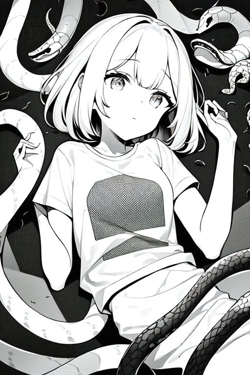 girl in T-shirt lying on the ground and covered with snakes, greyscale