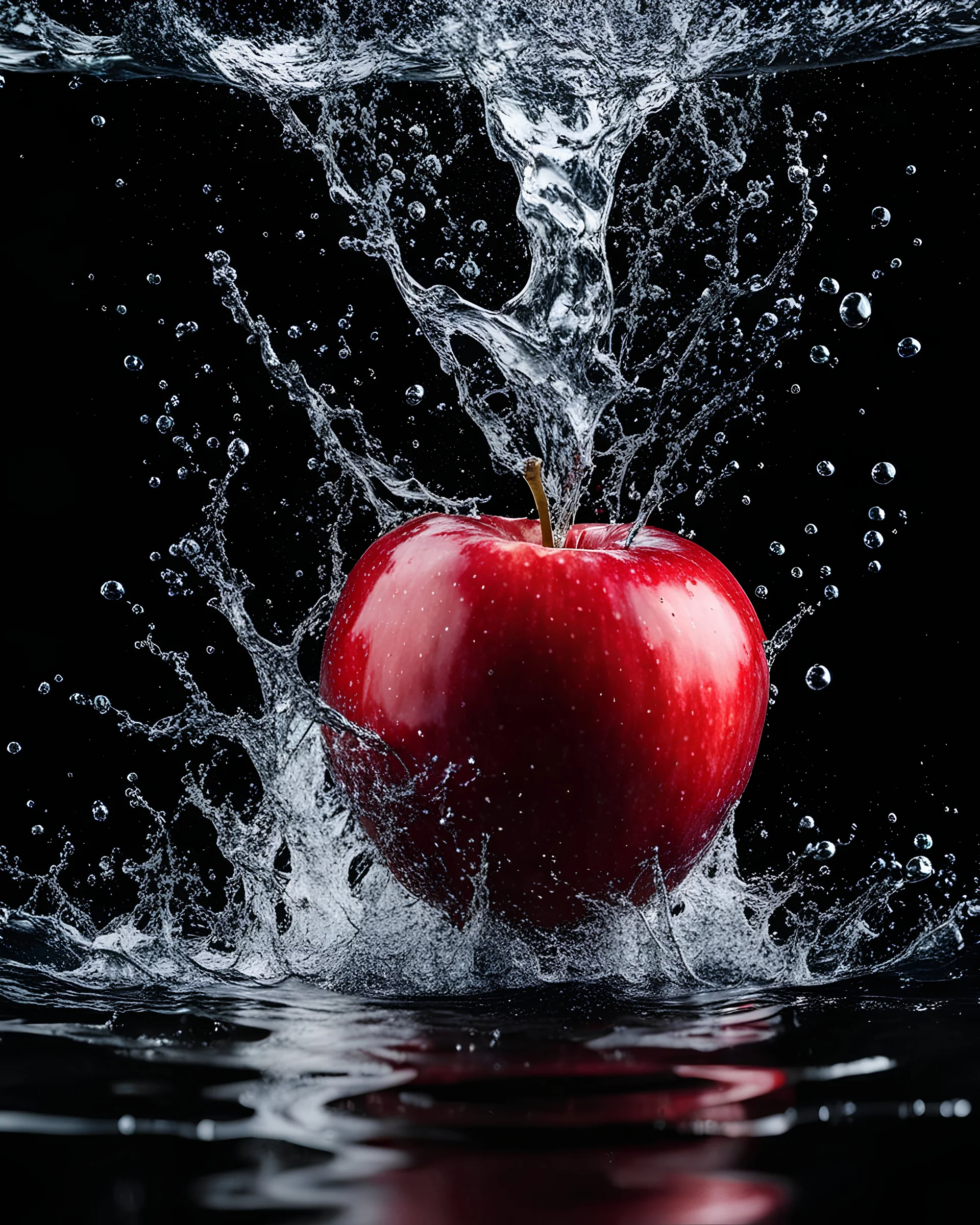 A piece of red apple, thrown into the water, when the piece of apple sinks into the water, splashes of syrup are visible (water splash effect), black background. slow motion effects, long exposure, realistic photo, 8K