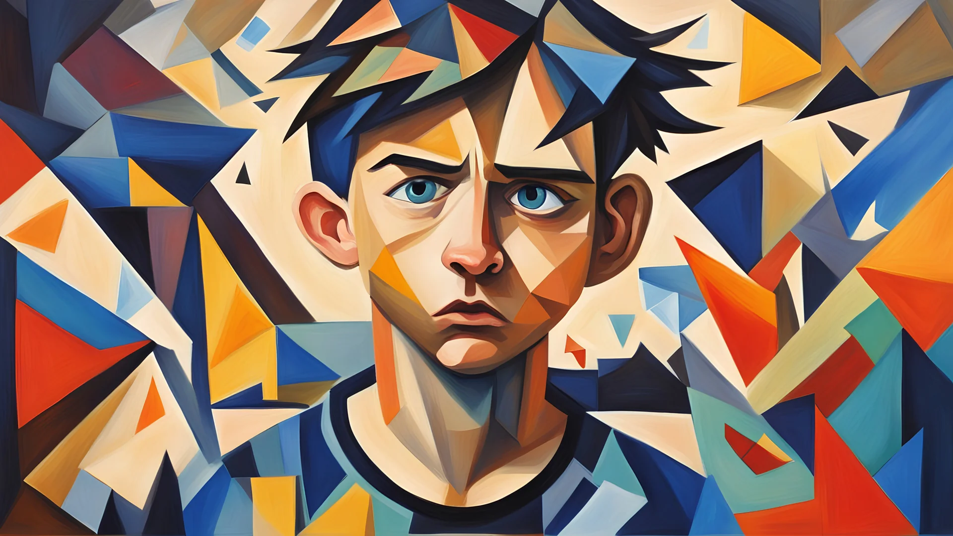 make a painting of a boy with Attention deficit hyperactivity disorder that is angry and cannot have attention in cubism artwork