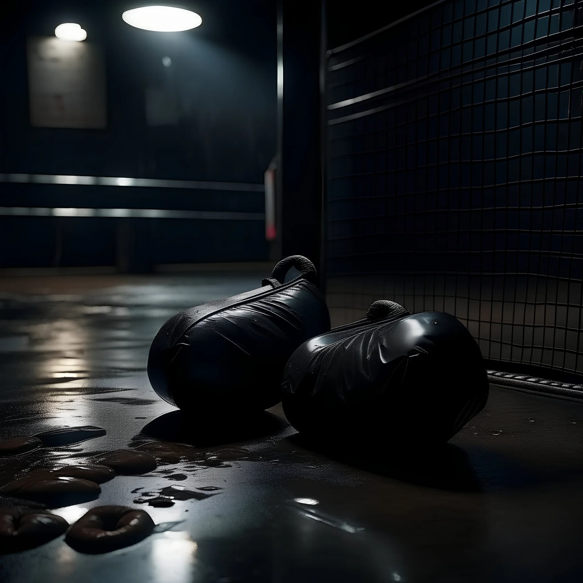 Ballet Slippers, boxing gloves,black ambient, street, wet floor, night