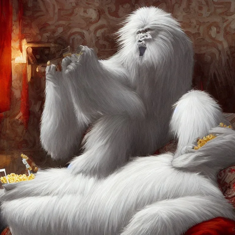 Legendary yeti with long white hair lying on the bed watching TV and eating popcorn, detailed painting elements, artwork, full HD painting, 8K