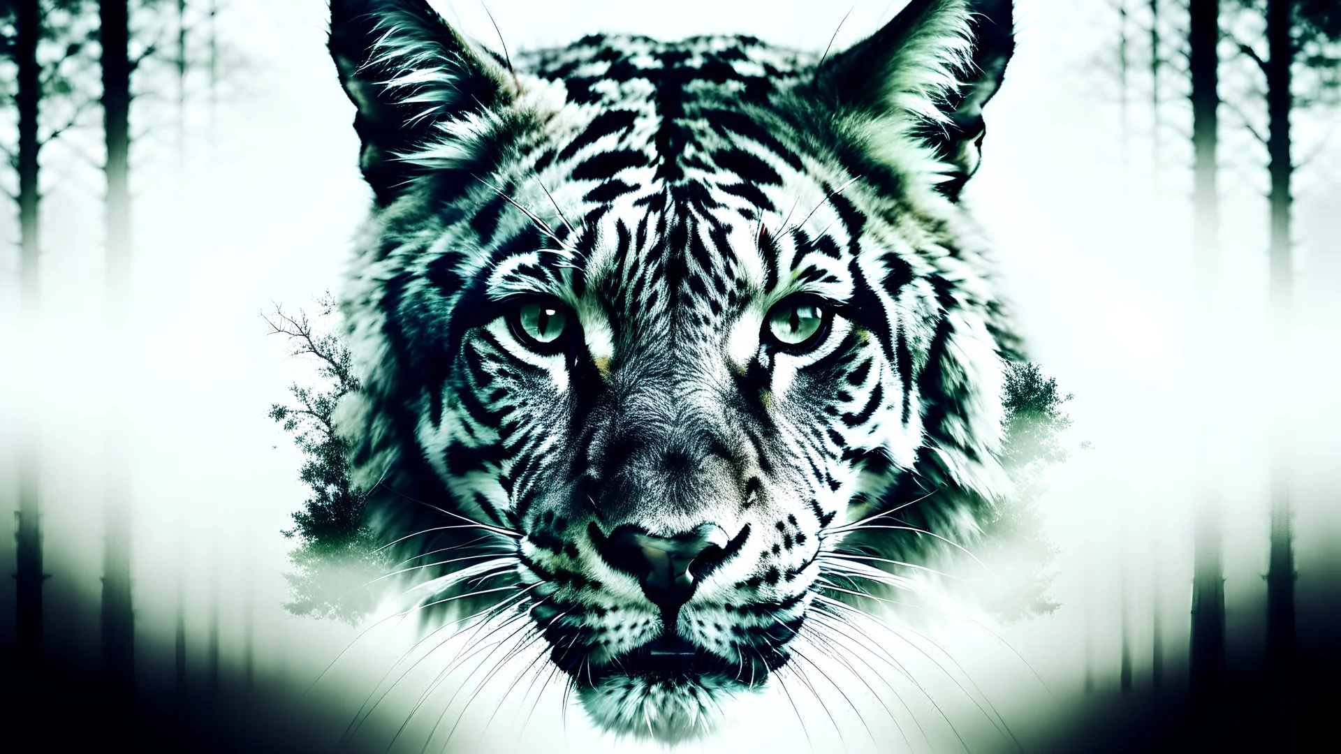a surreal double exposure photograph depicting a silhouette a face of a siberian tiger and a siberian forrest , background should be minimalist and grey, hd ,utr, photogenics, hints of green luminescence
