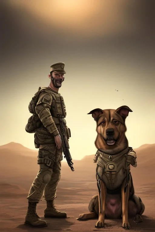 A soldier dog dressed in military combat uniform fighting another soldier dog in the hot desert landscape, digital illustration portrait, dog's face is snarling, aggressive, angry, Craig Miller , futuristic, pulp fiction graphic novel style, hyperrealism, photorealism