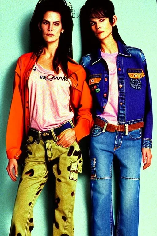 year 1996 denim fashion. Loose fit, low waist, baggy. Combat pants and t-shirt. Colors: denim blue, blue, purple, khaki, light green, lilac, plum, orange, terracotta, red, pink, dark blue, beige. Patterns: cheetah, balls, stripes. Women models. Sharon Stone, Sandra Bullock, Winona Ryder, Milla Jovovich, Big tennis shoes on. Latex in small part, areas, clothes..Combat pants. Leg warmers.