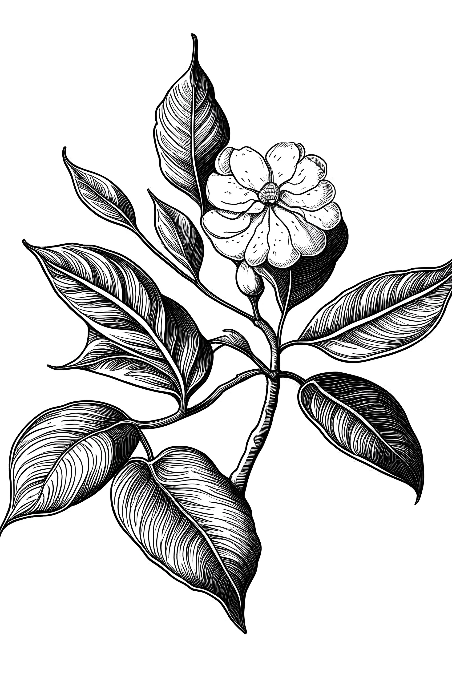 Tangerine flower, tangerine fruit, leaf, black white drawing, perspective,