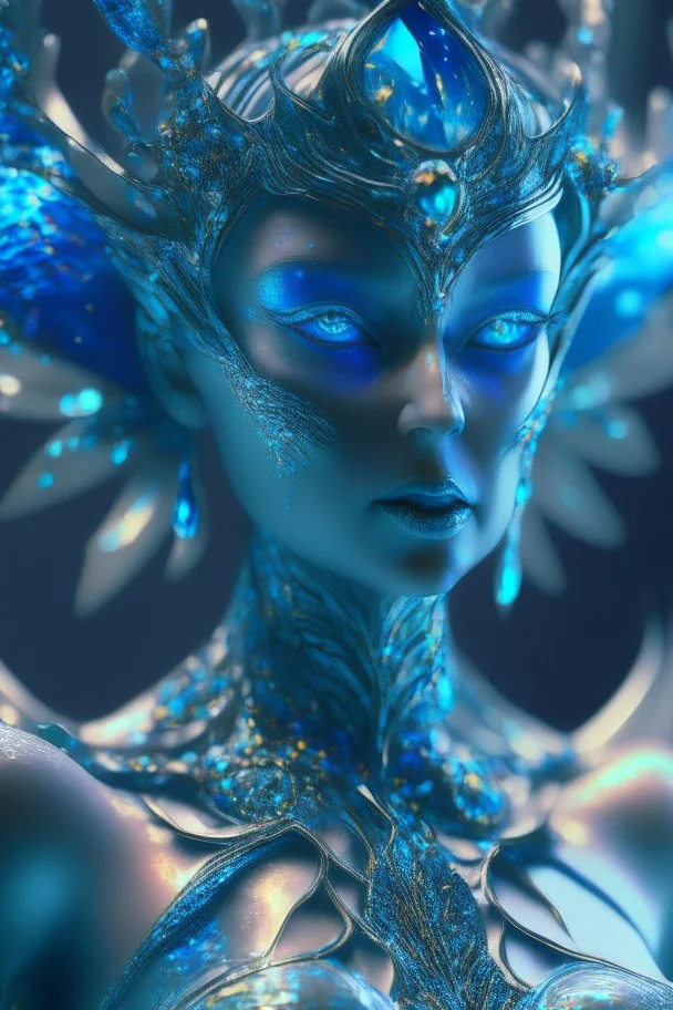 transparent olivine gemstone beauty queen Seraph, in blue fire chrome casino, high detail, 8k, cinematic, depth of field, art