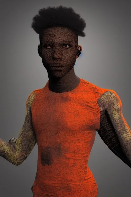 3D render of a cyberpunk tribal young black man, black afro hair, ragged shirt, on a orange dune background, digital art