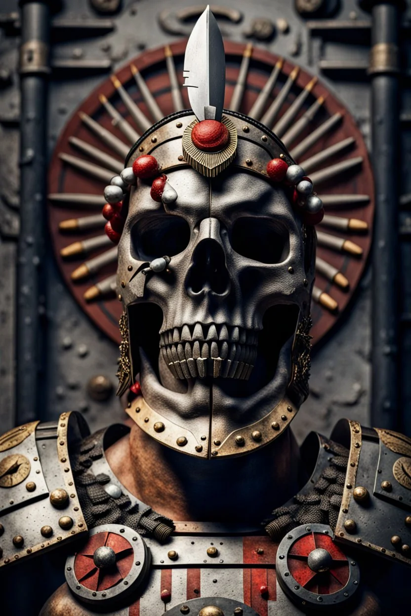 A Roman centurion, transformed into a skull adorned with darts, set against a heavy metal-inspired scene