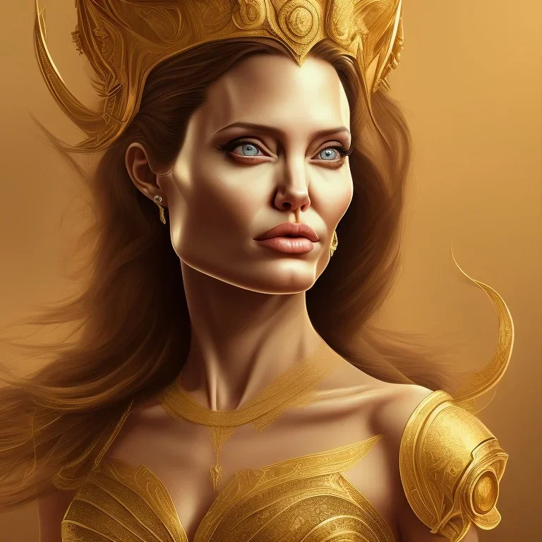 centered, Realist, hyper detailed, head and shoulders portrait, angelina jolie, golden dress athena god