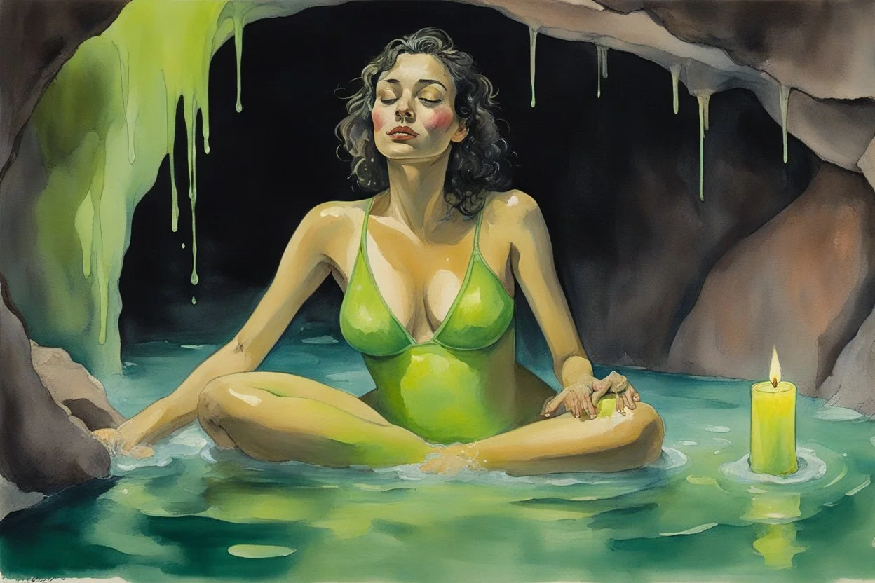 Close-up portrait of a contented woman in a bright neon green bathing suit sitting in the water of a cave bath, the walls and ceiling of the bath are dark brown clay-like, a few candles illuminate it suggestively, the woman is contentedly sipping champagne, lifelike watercolour, S<AI