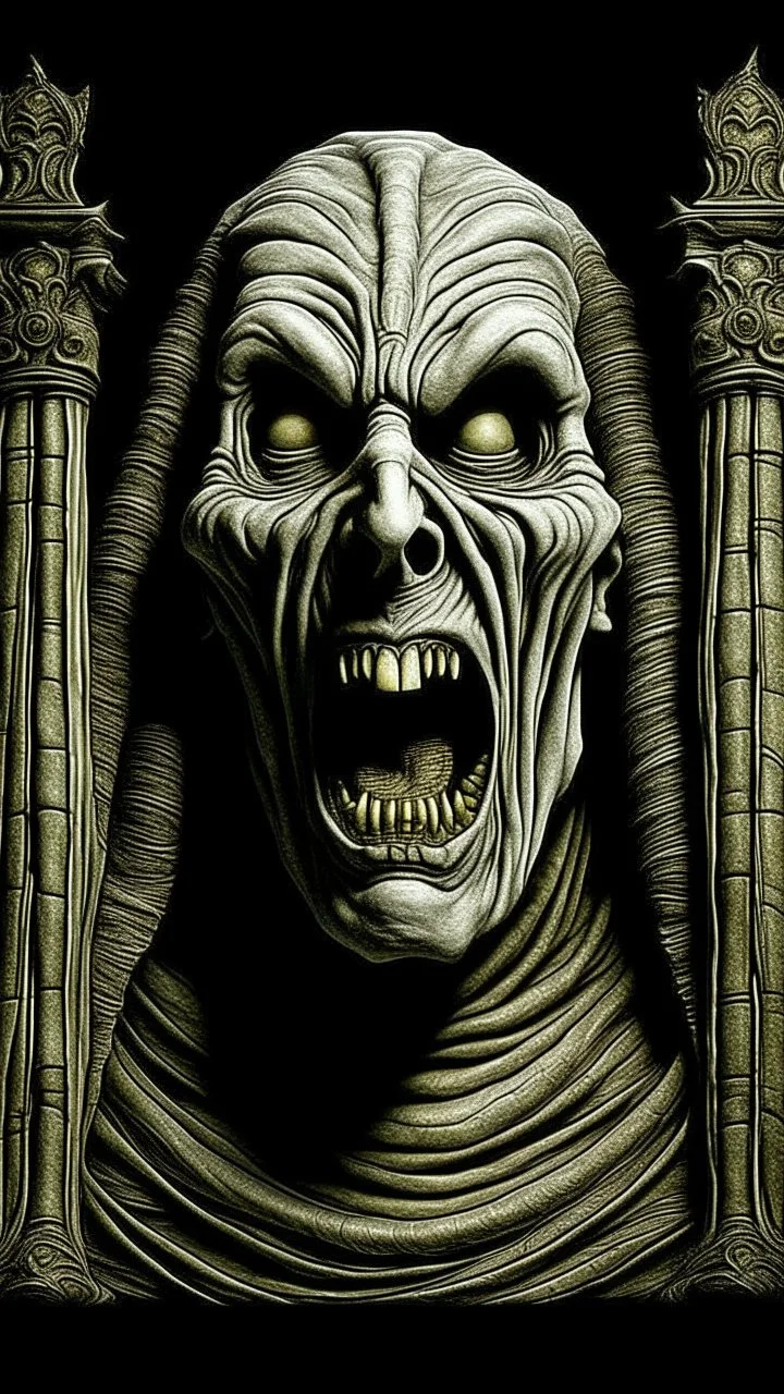 The mummy laying in his death chamber Howling in giger style