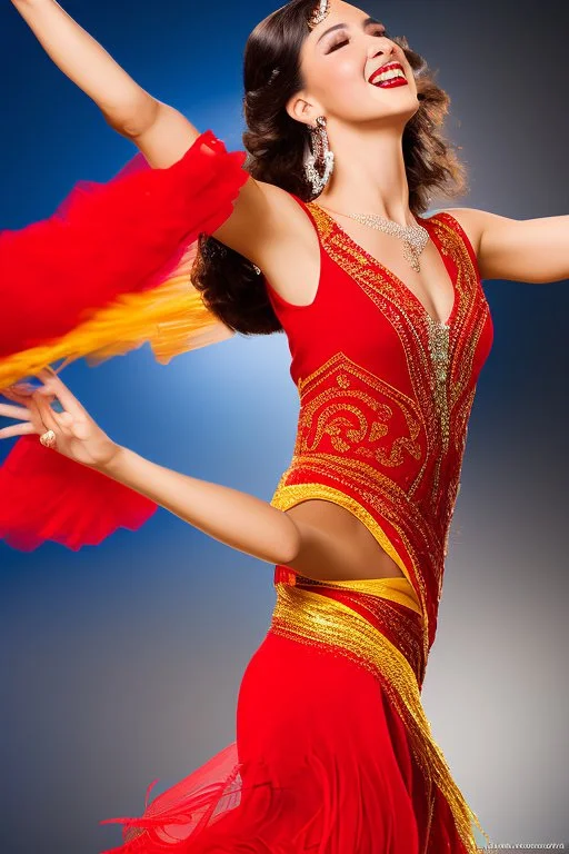 A lively portrait of a spain dancer, passionately performing in a vibrant, flowing dress, with the rhythm of castanets and the strumming of Spanish guitars in the air.