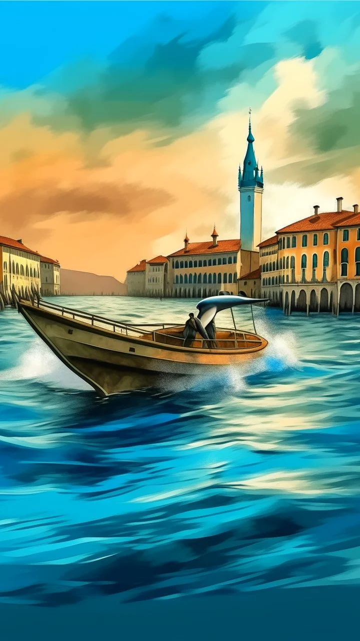 Dolphin jumping high in the city of Venice water over a tourist boat painting style