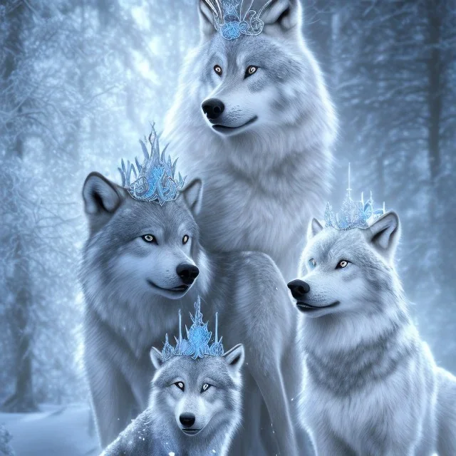 gorgeous goddess of ice and snow wearing a crystalline ice crown and standing next to a beautiful gray wolf, centered in frame, 8k resolution, high-quality, fine-detail, iridescent, intricate, digital art, detailed matte, volumetric lighting, beautiful, illustration, 3D octane render, margaret weiss, brian froud, howard lyon, selina french, anna dittmann, annie stokes, lisa parker, greg rutowski,