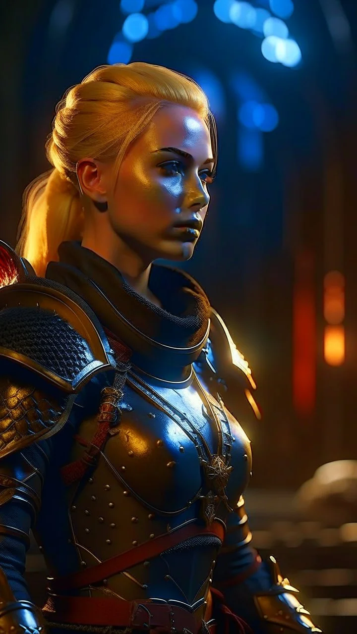 blonde female hunter wearing leather half armour dark fantasy Realistic 4k