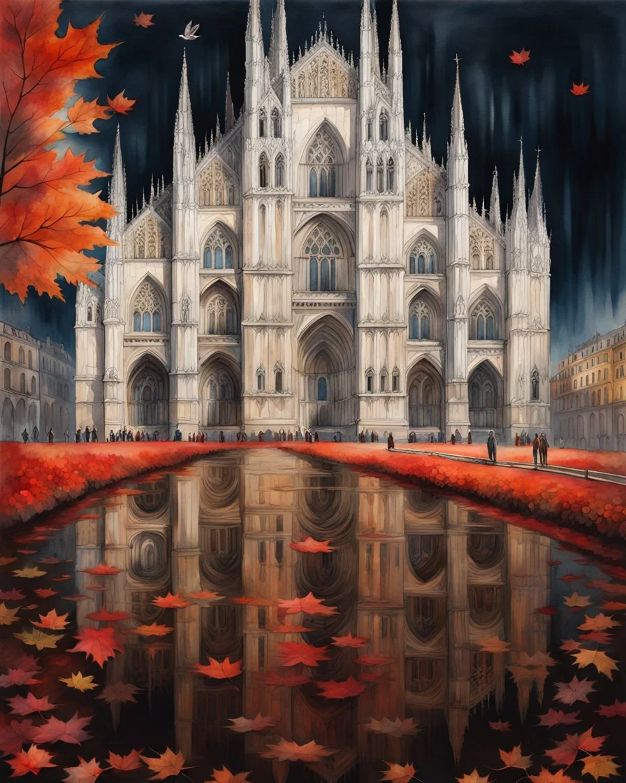 Milan Cathedral. Amanda Clark, Zdzisław Beksiński, Jacek Yerka and Yossi Kotler style mix, surreal whimsical autumn landscape, watercolor- fall foliage is almost over. A beautiful red maple clings to the last of its leaves and a flock of small birds nestled on its branches, watercolour and ink illustration, wet-on-wet, loose water effects, white, red and golden paint splatter, voronoi pattern, richly textured, fluffy clouds, beautiful vibrant colors, opalescent gradient. Modifiers: intricate bea
