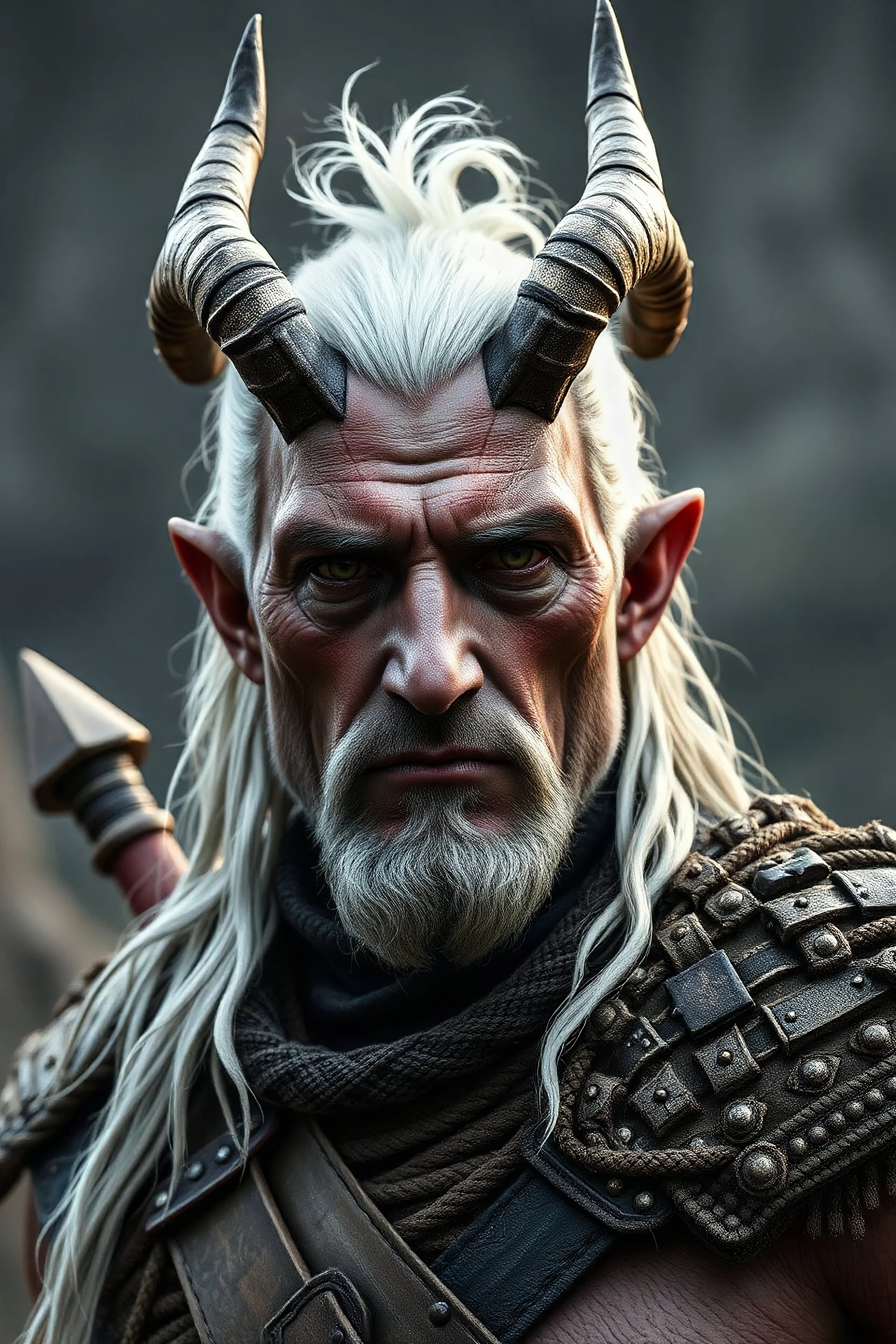 a Qunari middle age male warrior from Dragon Age with his horns sawed off and slightly grey skin and white hair