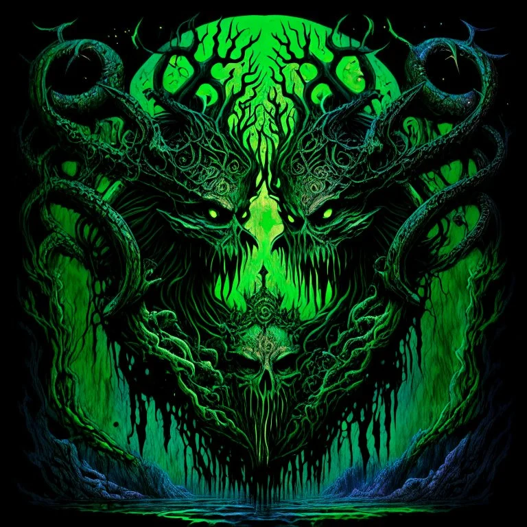 fantastical, frightening, Two Carrion Talismans festered in a septic void, deep colors, moody, profound, lovecraftian, visceral, avant-garde heavy metal album cover, green hues